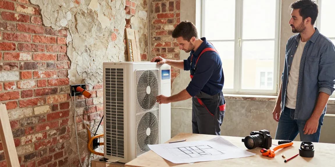 Technician installing a wärmepumpe im altbau in a historic building, showcasing modern tools and old architecture elements.