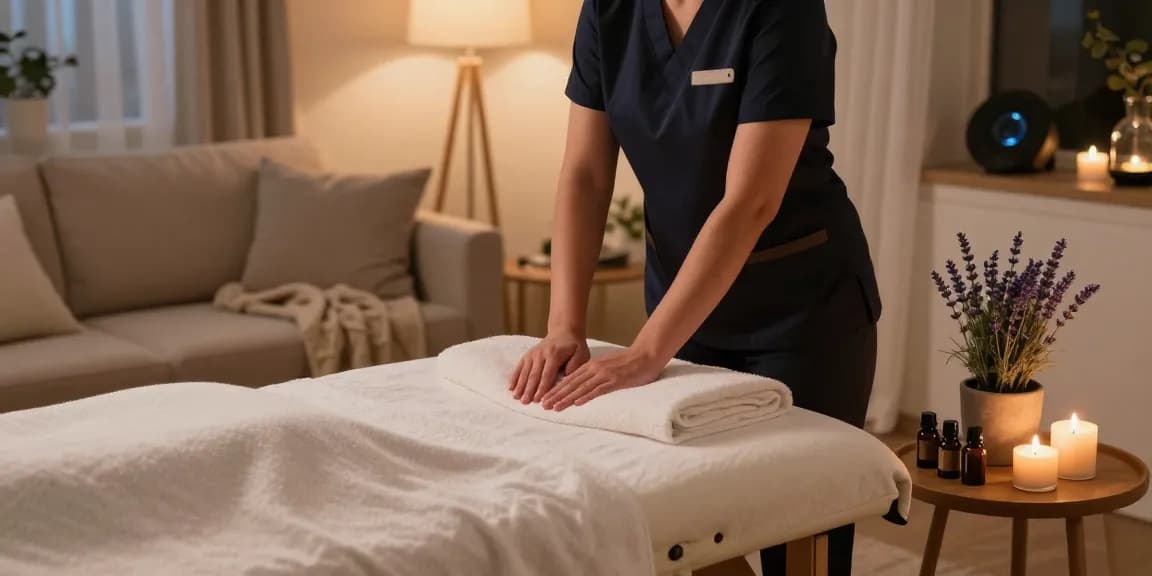 판교출장안마 in a serene home massage setting with a professional therapist preparing aromatherapy oils.