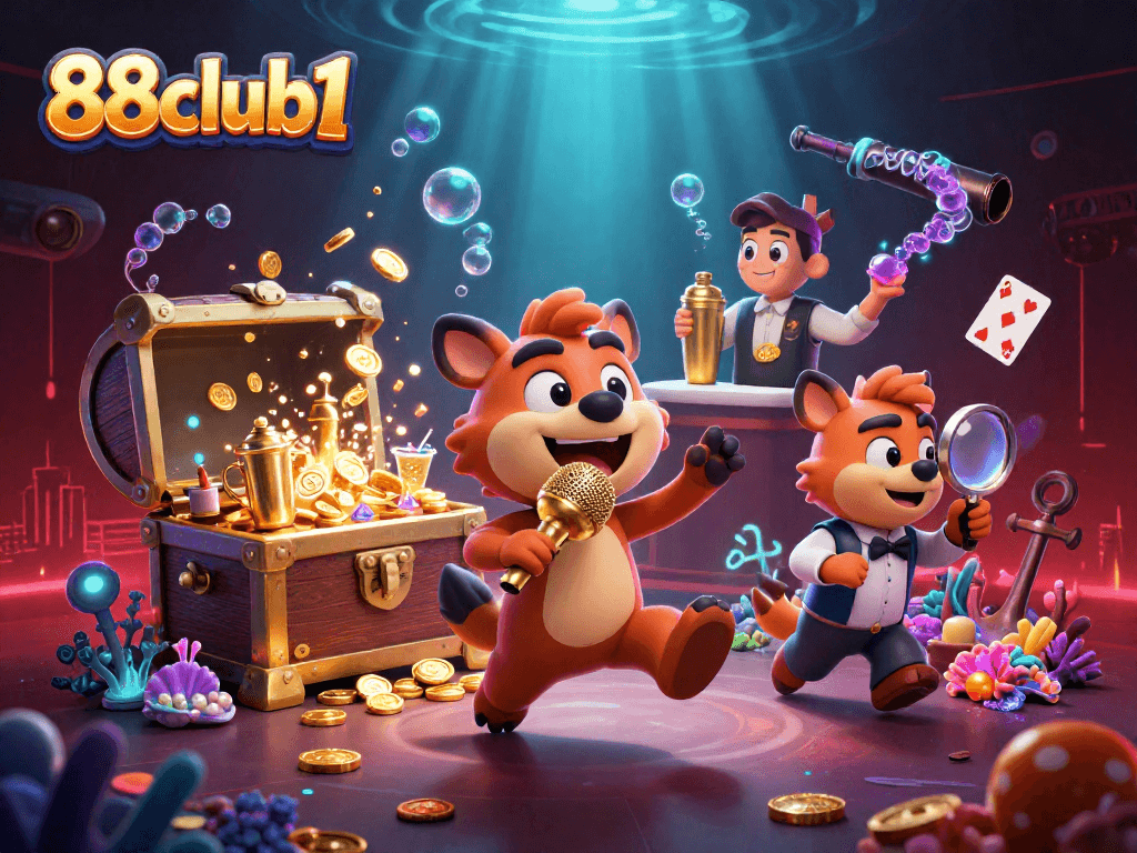 Engage in exciting casino activities at 88club1, a lively scene with cartoon hyenas in action.