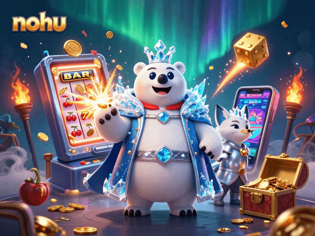 Spin to win with nohu at a vibrant online casino featuring colorful slot machines and golden treasures