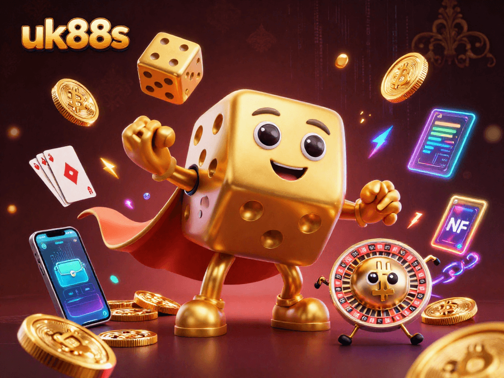 Engage with exciting gameplay at uk88s, featuring golden dice and vibrant crypto elements.
