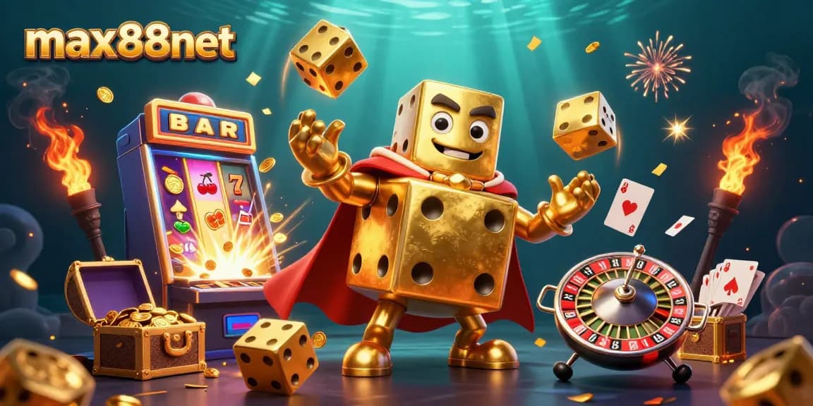 Experience the thrill of max88net's vibrant casino world with a dynamic 3D illustration.