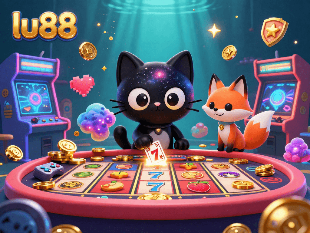Engage in thrilling gaming action at lu88's cosmic casino with cartoon-style characters and vibrant slots.