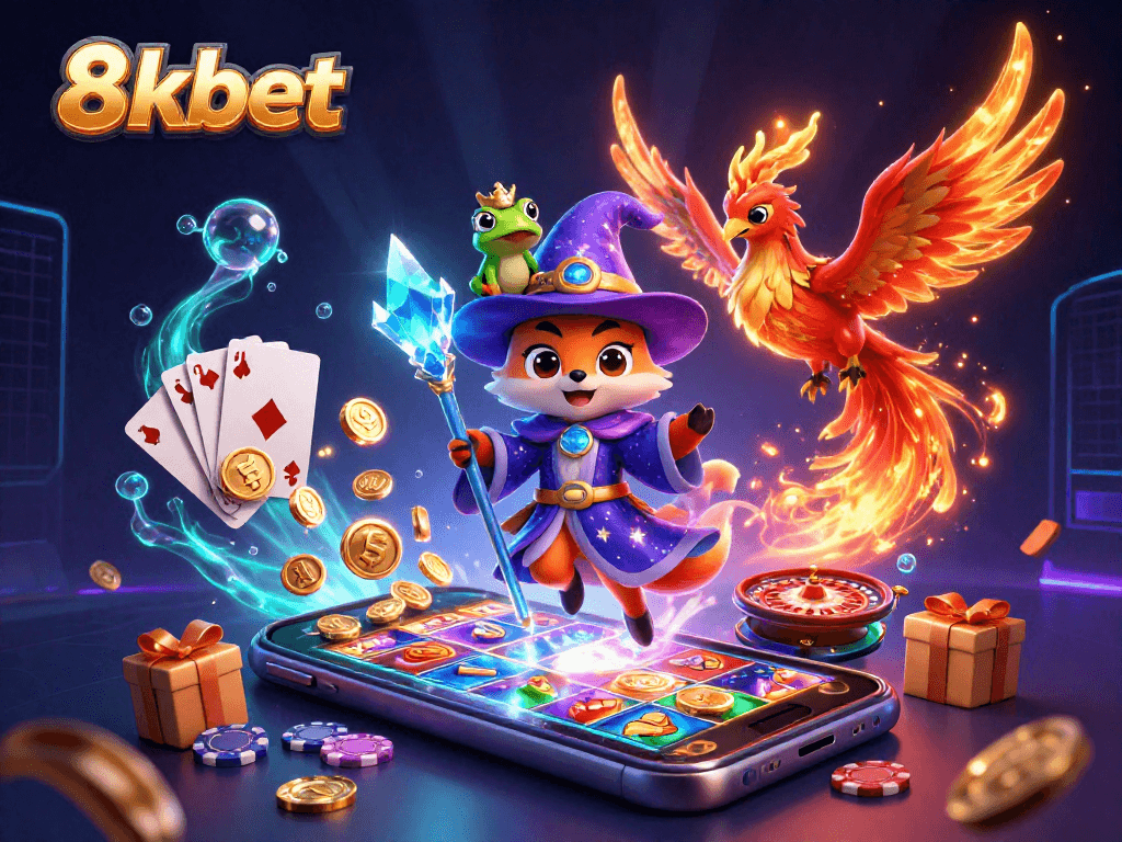 Engage with 8xbet's vibrant gaming world featuring mystical characters and dynamic casino elements.