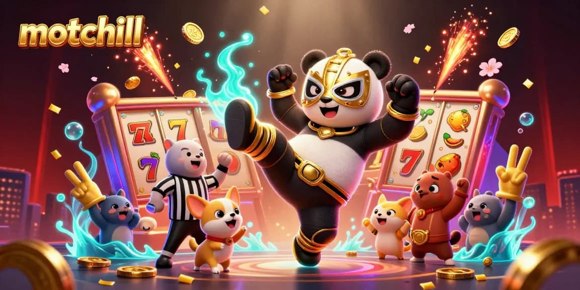 Experience the excitement of motchill as a panda wrestler takes flight in a dynamic casino environment.