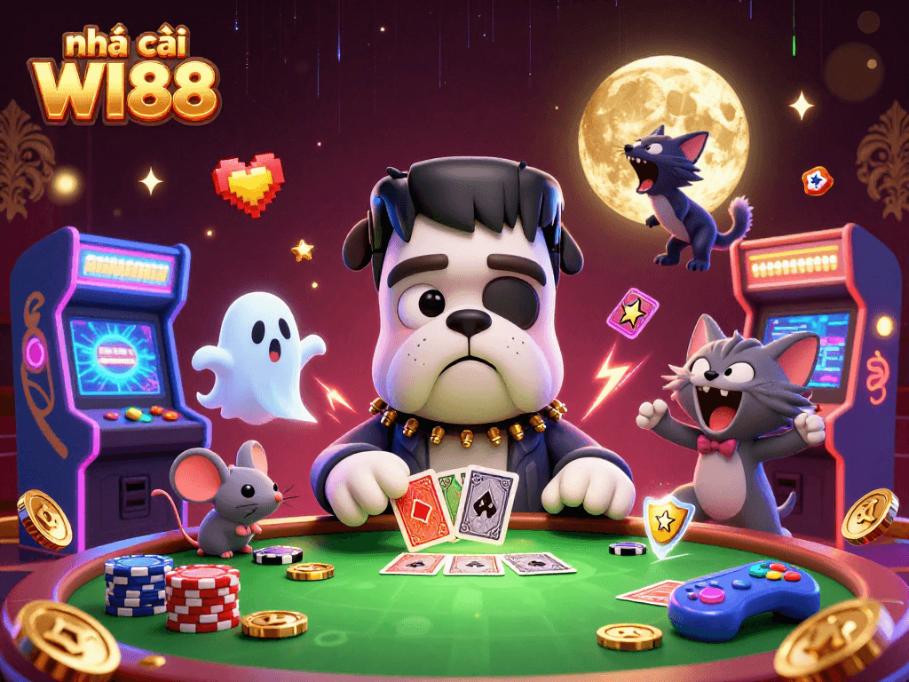 Engage in thrilling games with nhà cái WI88, featuring cartoon monsters and arcade elements.