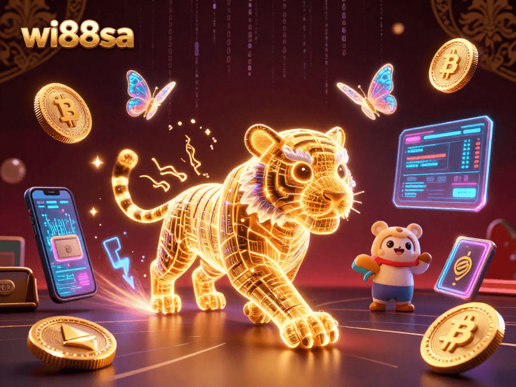 Experience thrilling casino energy with the digitally vibrant wi88sa scene showcasing a golden tiger in a crypto casino.