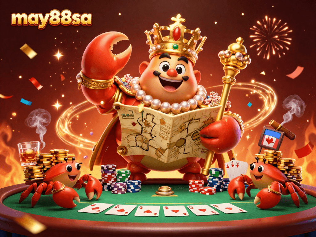 Experience an exhilarating may88sa poker night with a cartoon crab emperor leading the game in a vibrant casino scene.