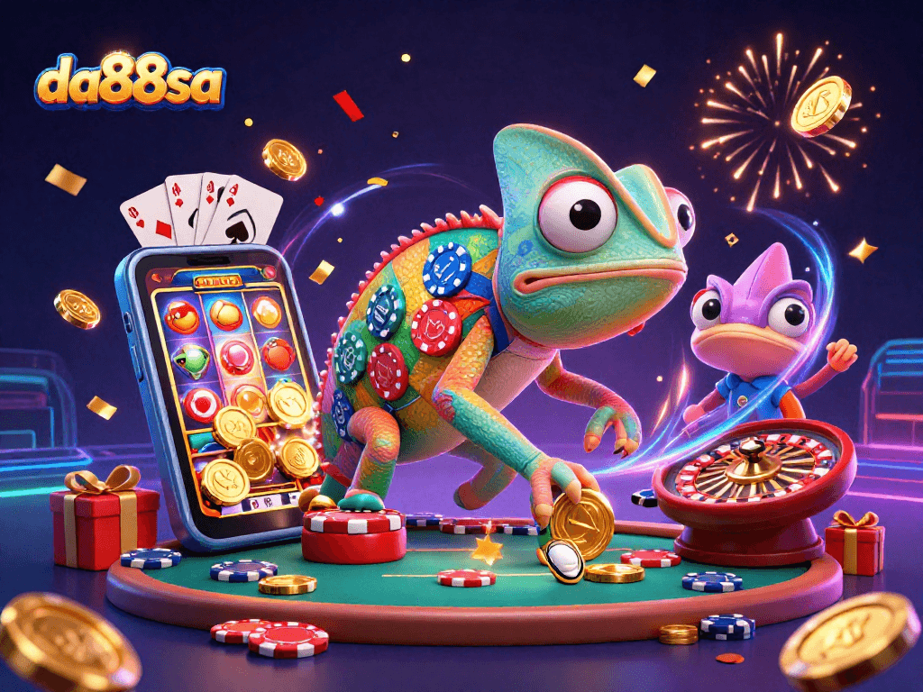 Engage with da88sa as the chameleon casino owner snaps up coins amid vibrant casino elements.