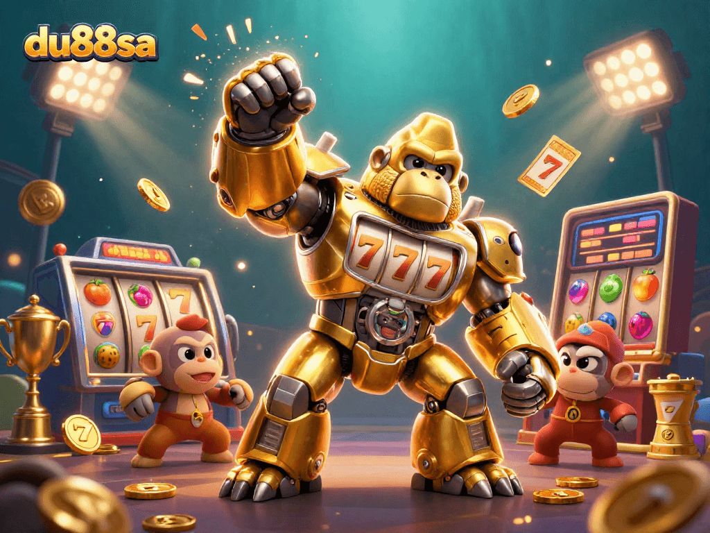 Experience thrilling wins at du88sa with an action-packed 3D illustration featuring a golden gorilla mech and slot elements.