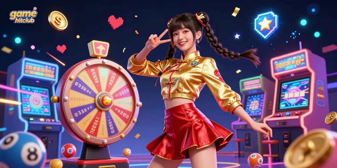 Experience the thrill of game hitclub with colorful arcade elements and exciting prizes in a vibrant casino-themed illustration.