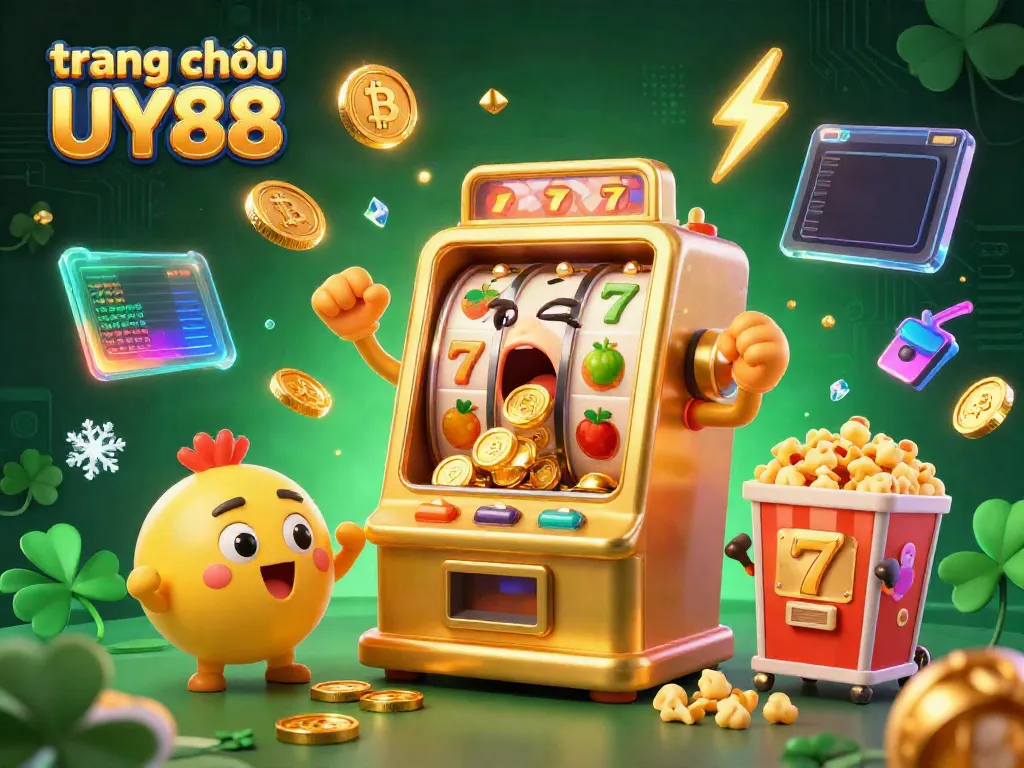 Experience the excitement of the trang chủ UY88 as the golden slot machine hits a jackpot in this vibrant 3D illustration.