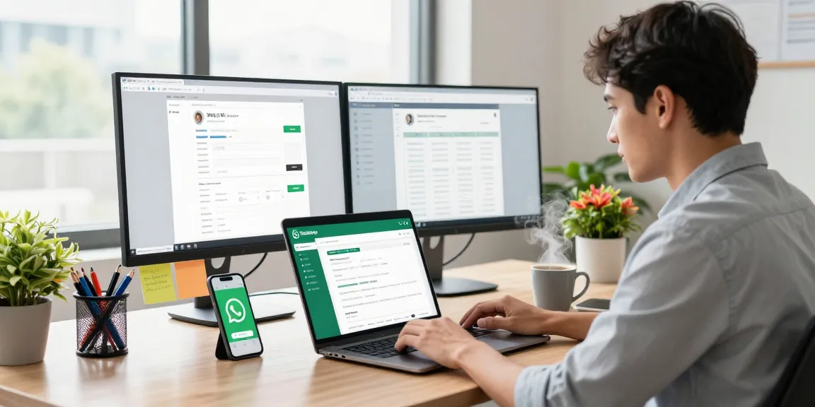 Professional using WhatsApp網頁版 on a laptop in a modern workspace.