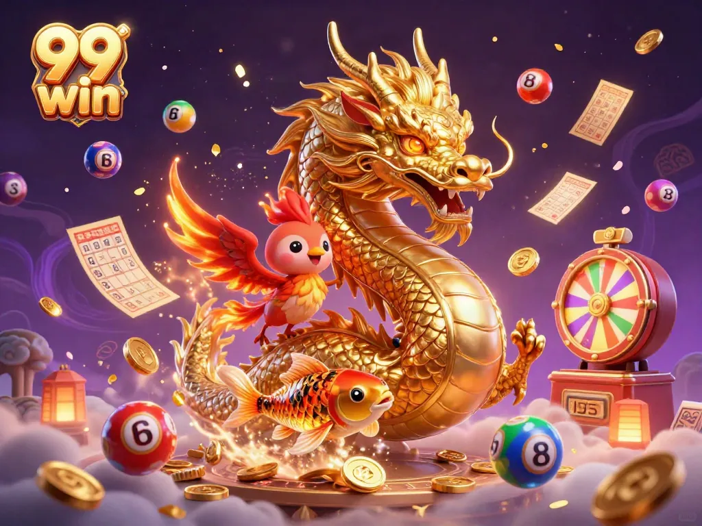 Experience thrilling gameplay at 99 win with a dragon, phoenix, and koi fish amidst coins