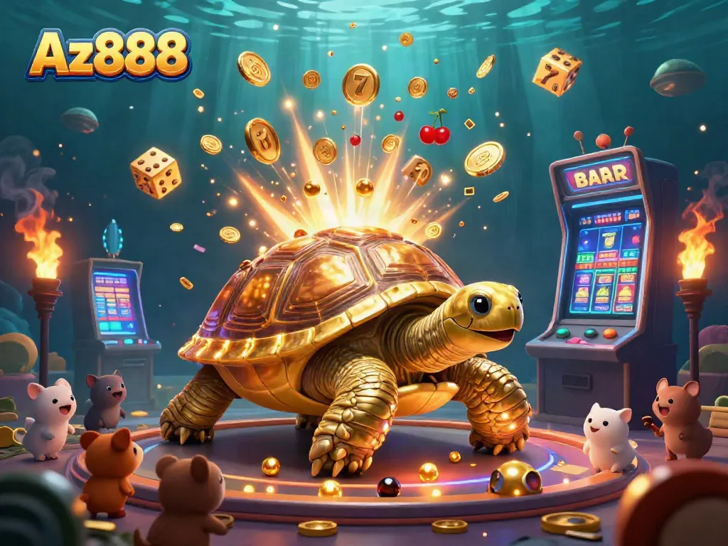 Experience the excitement of Az888 with vibrant slot machines, a golden tortoise, and animated game elements.