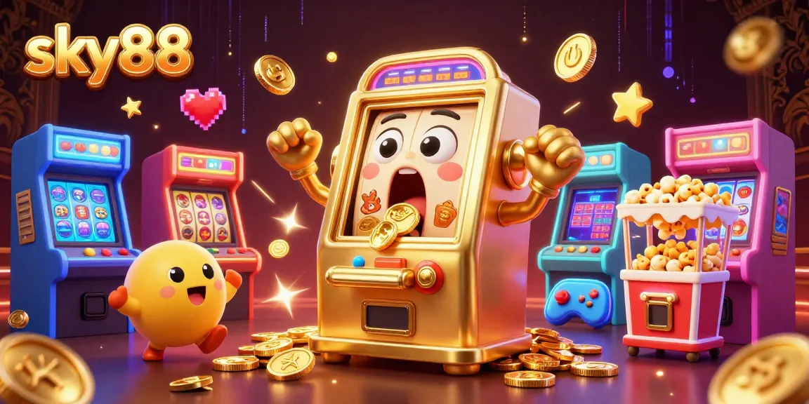 sky88 casino adventure with a golden slot machine celebrating a jackpot amid cheering baby slots.