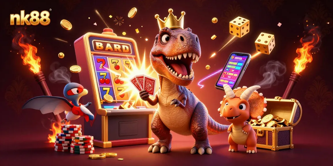 nk88 showcases a lively casino scene with T-Rex and friends enjoying slot machines.
