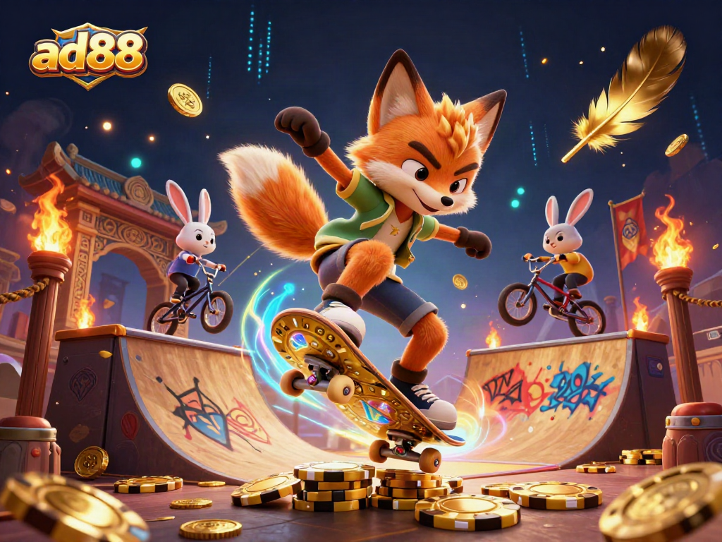 Experience ad88's excitement with a skateboarder fox and BMX rabbit in a vibrant casino scene.