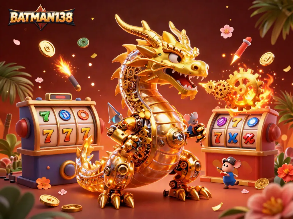 Engage in thrilling gameplay at BATMAN138 with a mesmerizing golden dragon amidst vibrant slot symbols.