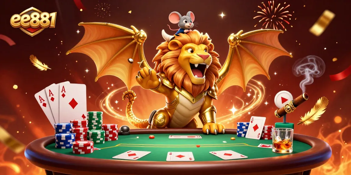 Experience thrilling poker action with ee881's dynamic casino illustration featuring a roaring chimera.