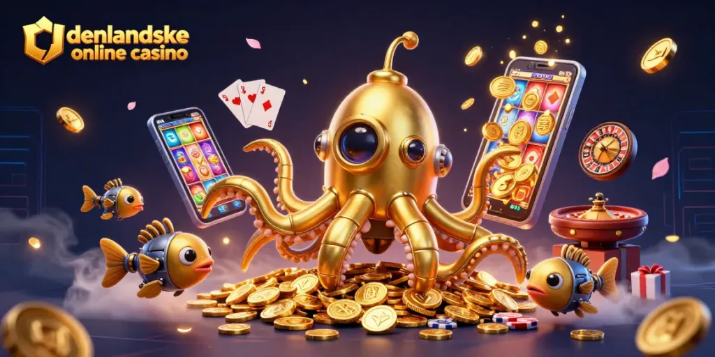 Engaging scene depicting udenlandske online casino with a golden kraken submarine and gaming elements.