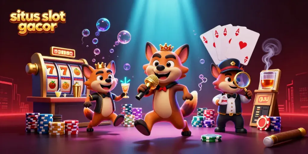 Engage in the fun at situs slot gacor with a vibrant casino scene featuring hyenas and exciting slot games.