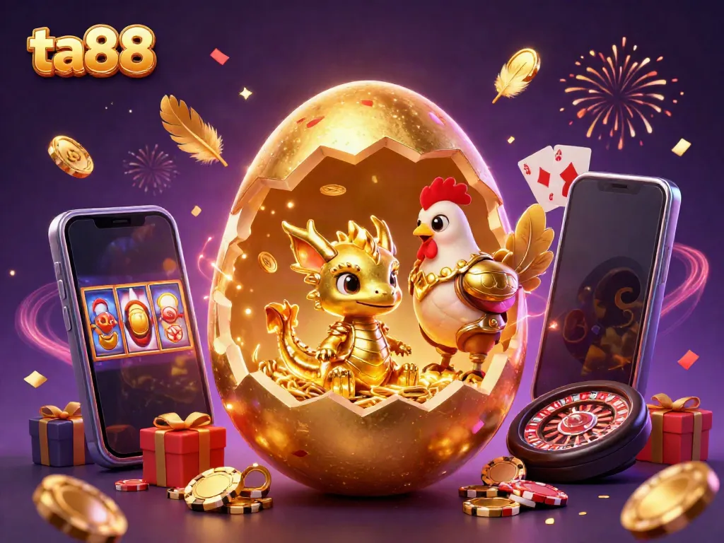 Engage with ta88's exciting gaming atmosphere, showcasing a golden dragon and vibrant slot gaming elements.