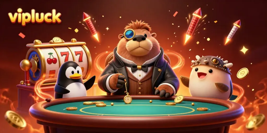 Experience thrilling poker action at vipluck casino with a jolly walrus and sophisticated dealer.