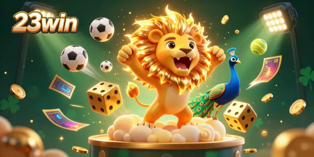 23win showcases a vibrant illustration featuring a roaring lion, golden dice, and dynamic sports elements in an exciting casino atmosphere.
