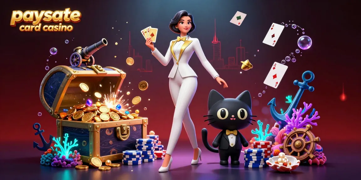 Engagieren Sie sich im Action im Paysafe Card Casino mit einer glamourösen Frau und einer schwarzen Katze, die Poker spielen, umgeben von Schätzen.