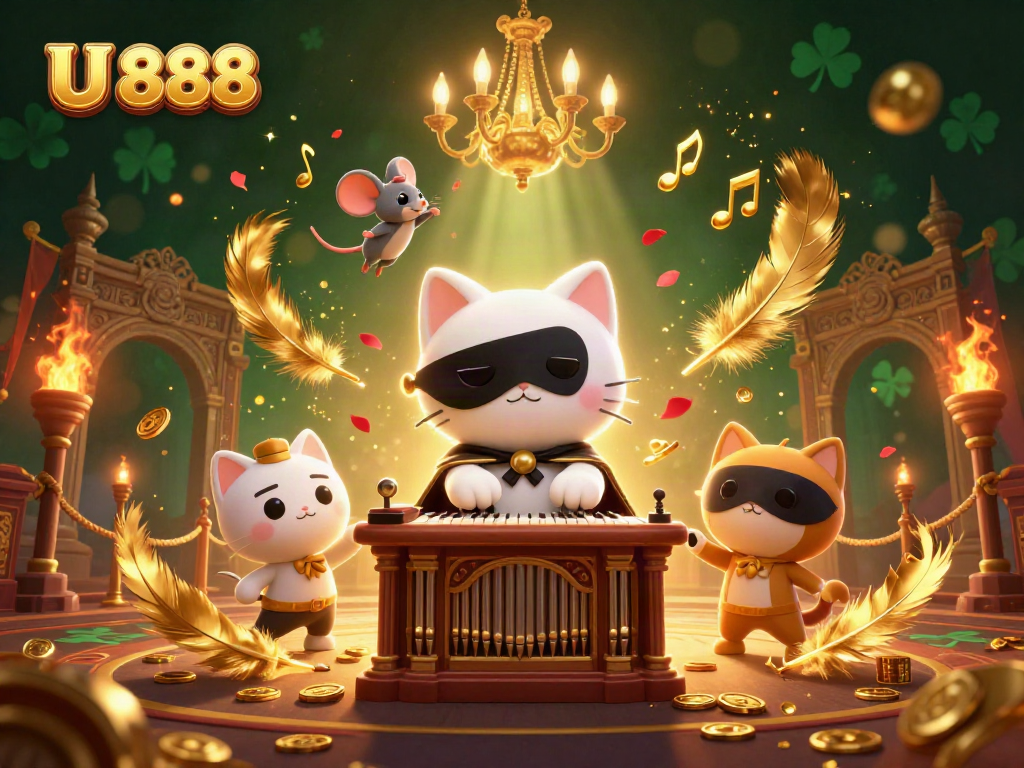 Engage with U 888 featuring a whimsically themed casino scene with a masked cat and acrobatic mouse.