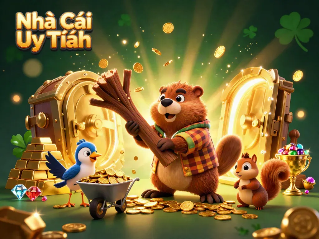 Experience the thrilling world of Nhà Cái Uy Tín with lively cartoon characters surrounded by gold coins and treasures.