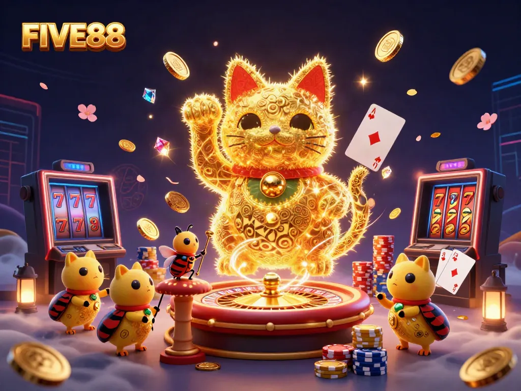 Engage in the exciting world of FIVE88 carnival games featuring a lucky cat amidst golden coins and dazzling casino elements.