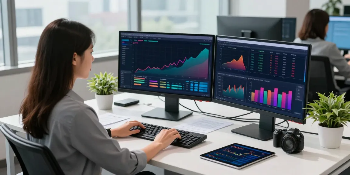 Vista de oficina financiera con análisis de flujo de efectivo netcash en pantalla y ambiente productivo