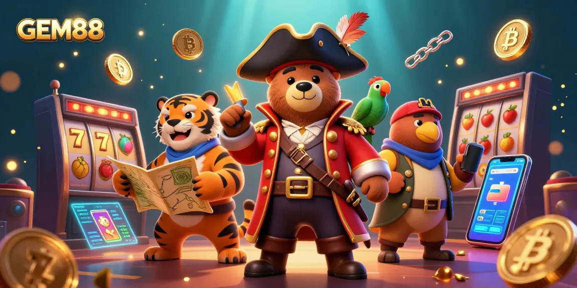 Experience GEM88's vibrant casino adventure with a pirate bear, tiger, and parrot in action.