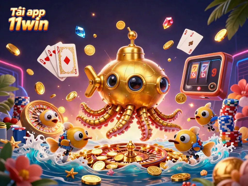 Tải app 11win with a golden kraken submarine and mechanical fish in a vibrant casino scene.