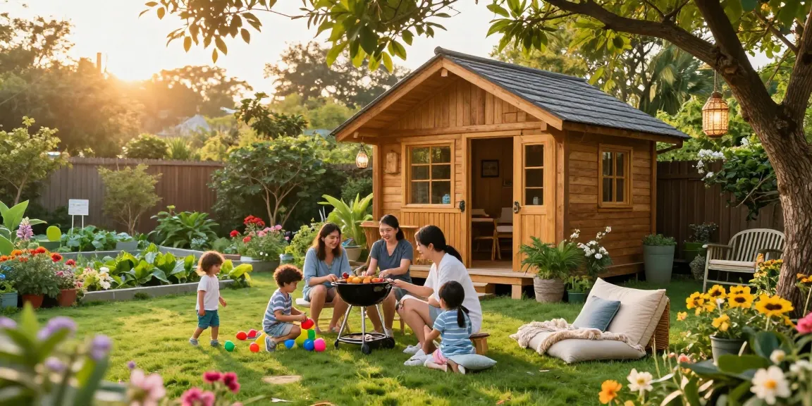 Schönes Gartenhaus aus Holz umgeben von farbenfrohen Blumen und spielenden Kindern im Garten.