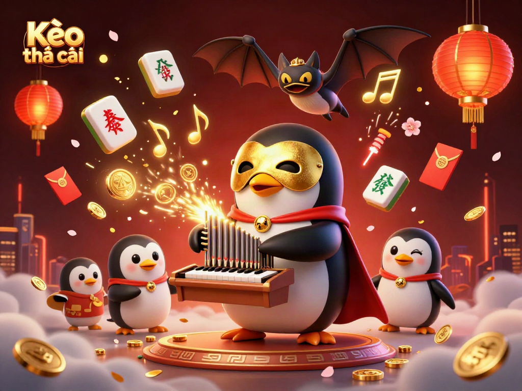 Kèo nhà cái shines in a lively scene with a phantom penguin and vibrant gambling symbols.