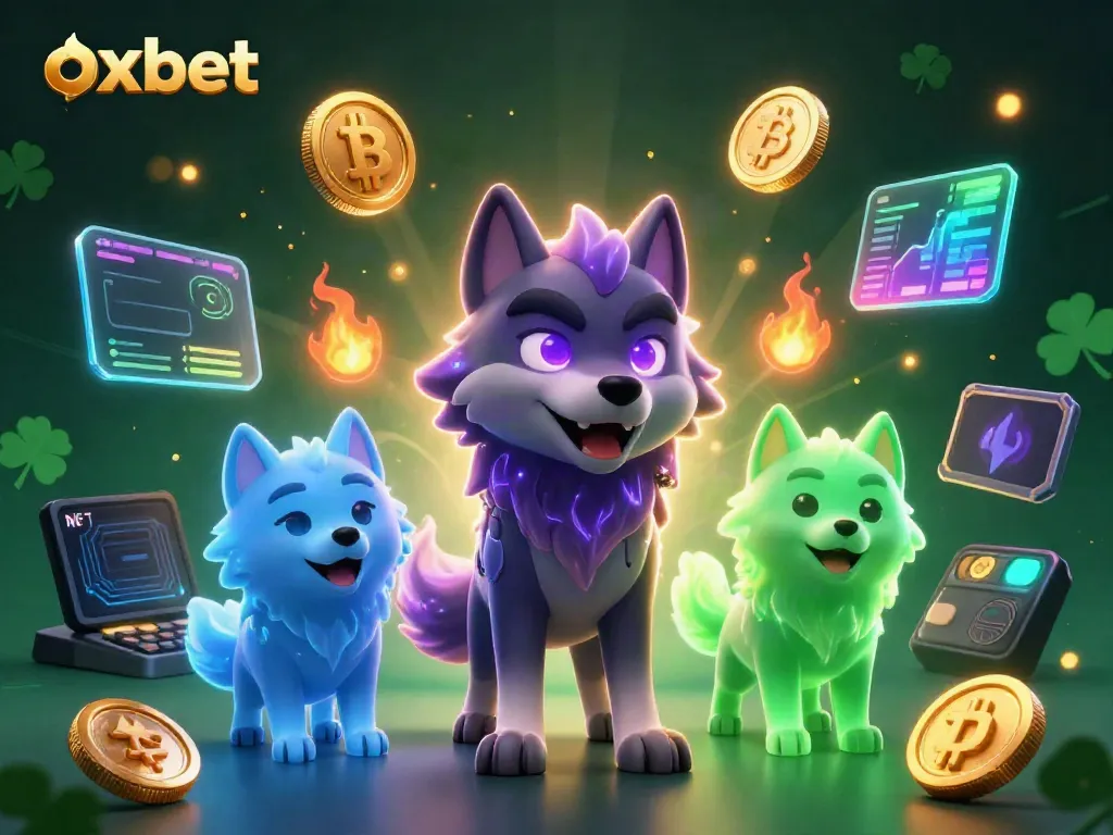 Experience thrilling gambling action with oxbet's vibrant 3D scene featuring mystical wolves and crypto elements.
