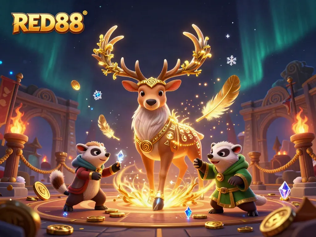 Experience the excitement of RED88 with a mystical druid scene filled with casino elements and enchanting characters.