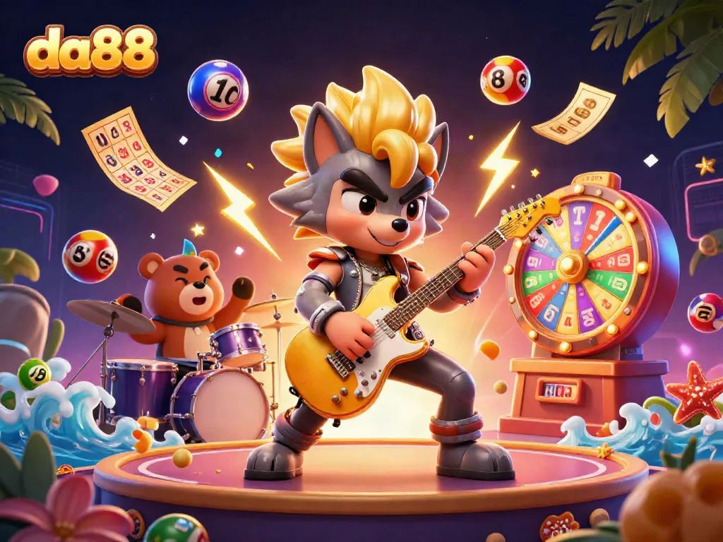 da88 jackpot celebration featuring a wolf on guitar and bear drummer with vibrant casino elements