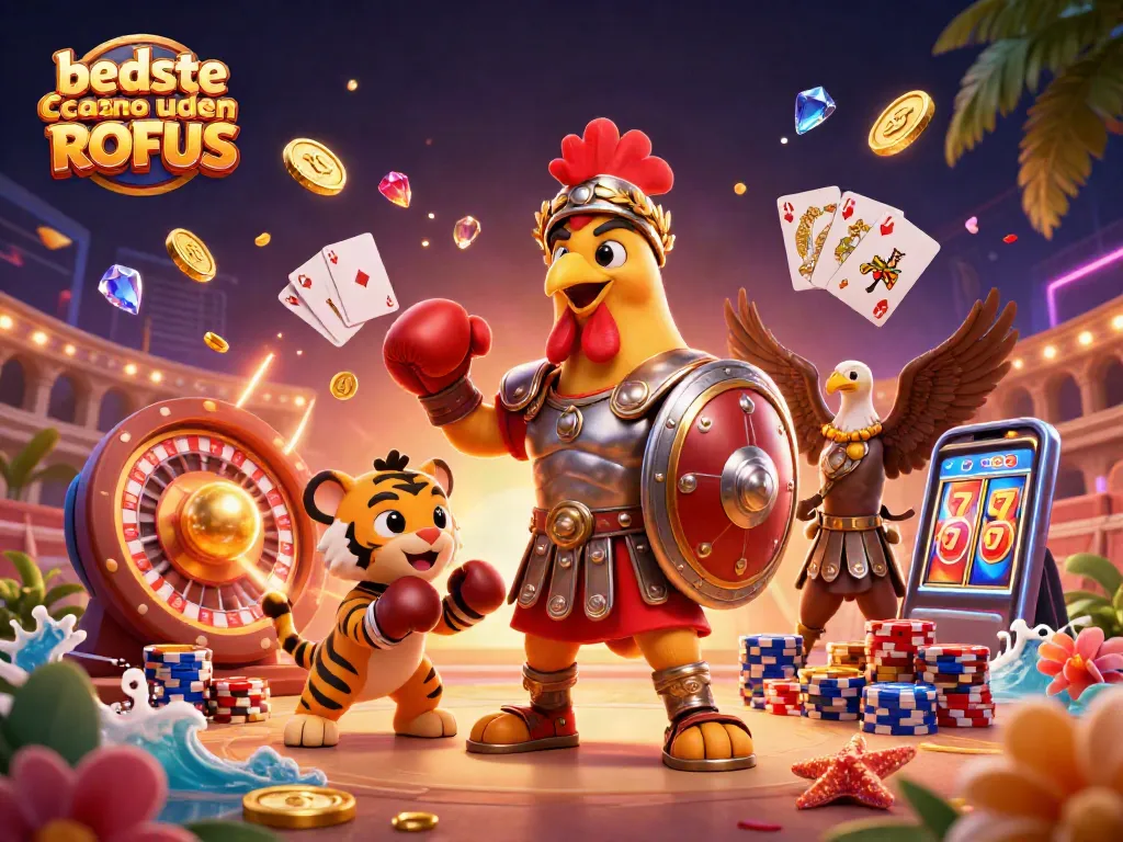 Bet on the best casino uden ROFUS with a vibrant and dynamic 3D gambling scene featuring vibrant characters.