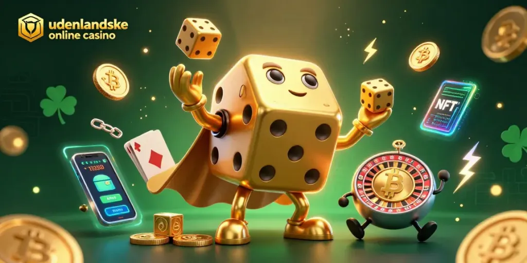 Engaging scene of udenlandske online casino with golden dice and crypto elements for gamblers.