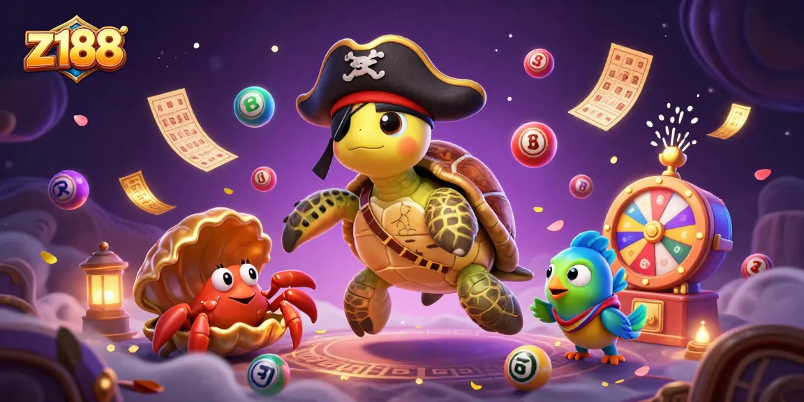 Join the z188 excitement with vibrant casino elements featuring a turtle, crab, and parrotfish as they celebrate.