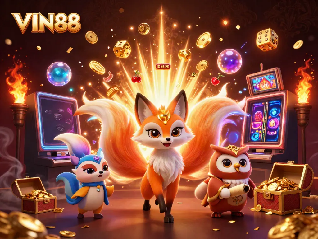 Experience the excitement of VIN88 with captivating casino games and colorful characters, all in a dynamic 3D scene.