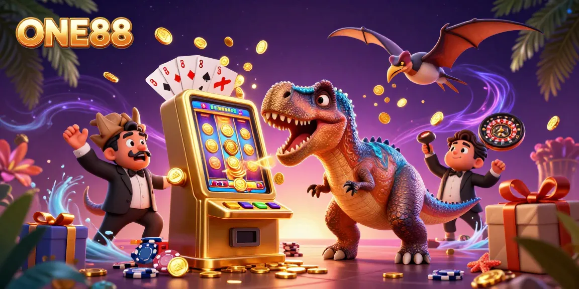 ONE88 showcases a thrilling scene of a pachycephalosaurus winning big at a slot machine, symbolizing excitement.