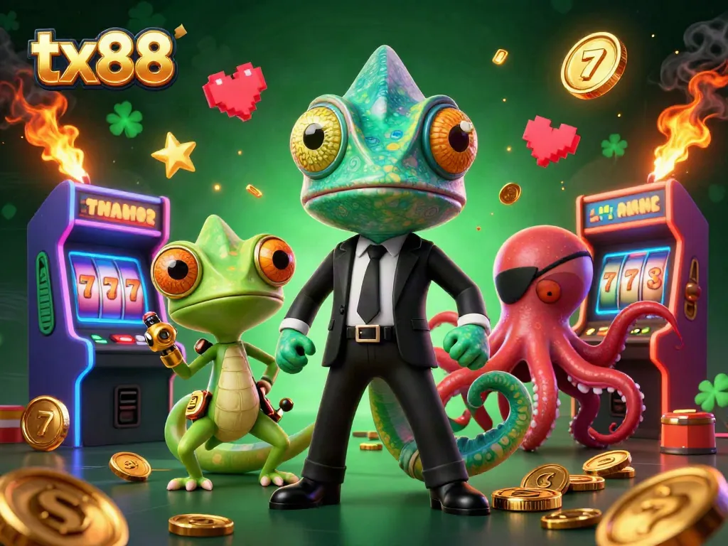Experience winning at tx88 with a colorful 3D casino scene featuring a chameleon, gecko, and octopus.
