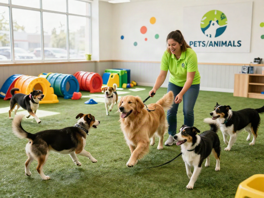 Playful dogs in vibrant daycare environment at slot88, showcasing joyful pets and staff.