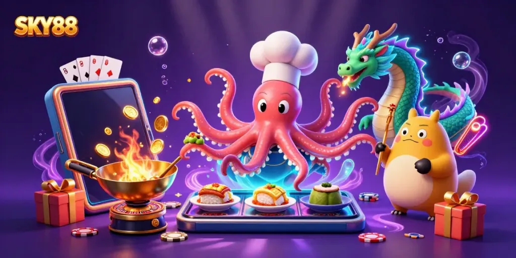 SKY88 octopus chef prepares golden dishes while dragon breathes fire over a slot gaming scene.