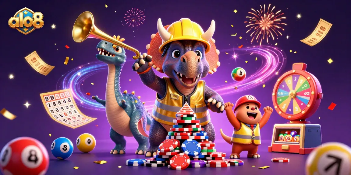Experience endless fun at ALO8 with triceratops and lottery balls creating excitement.